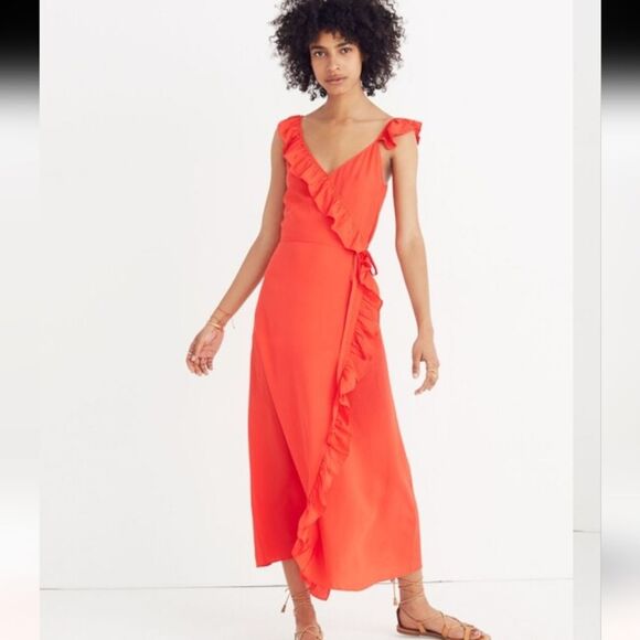 Madewell Dresses & Skirts - Madewell Ruffle Maxi Faux Wrap Coral Red Pink Orange Asymmetrical Dress - Size 4